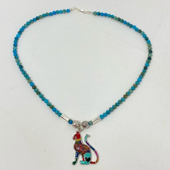 Regal colorful sculptured enameled cat necklace with agate 19 inches - Picture 3 of 6